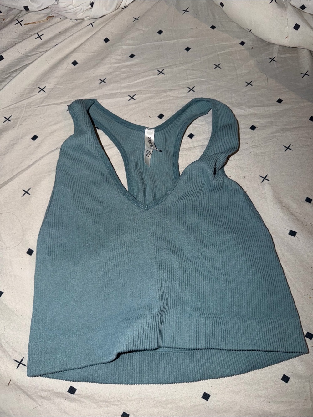Ribbed V-Neck Racerback Crop Tank Top - Dusty Blue